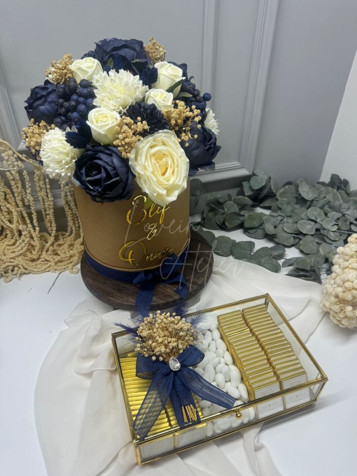 Lacivert Çiçekli Çiçek - Çikolata Seti