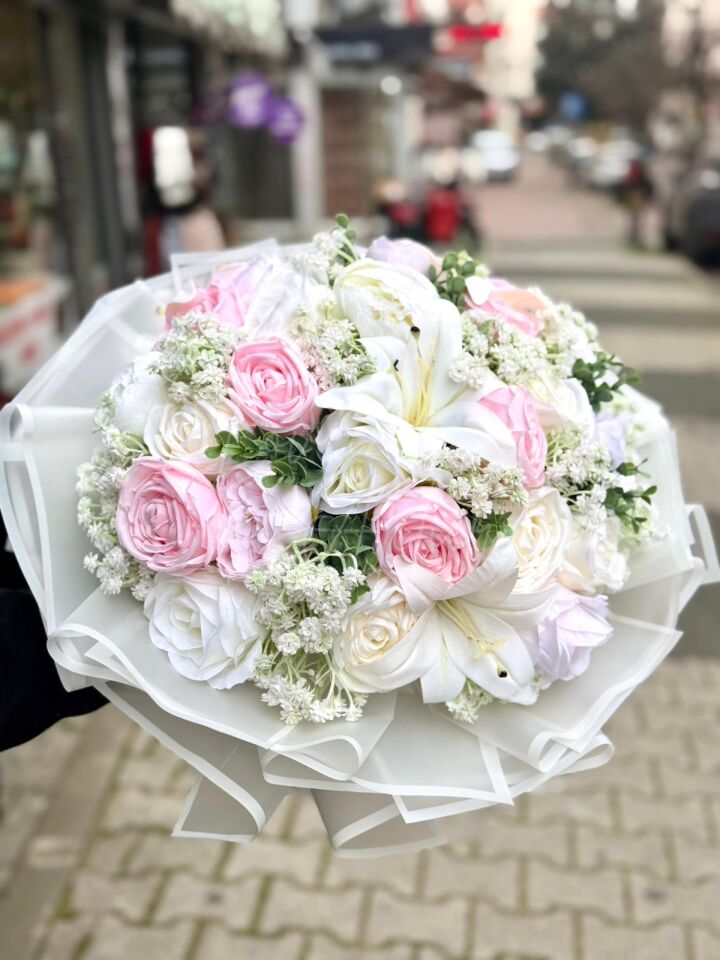 Toz Pembe Şakayıklı, Lilyumlu,Güllü Büyük Boy İsteme Çiçeği